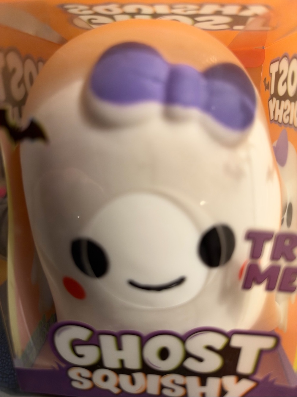 Ost Ghost Squishy Toy - White with Purple Bow and Orange Accents